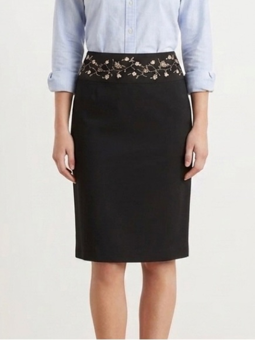 Loft Wool Blend Pencil Skirt With Embroidered Floral Detail